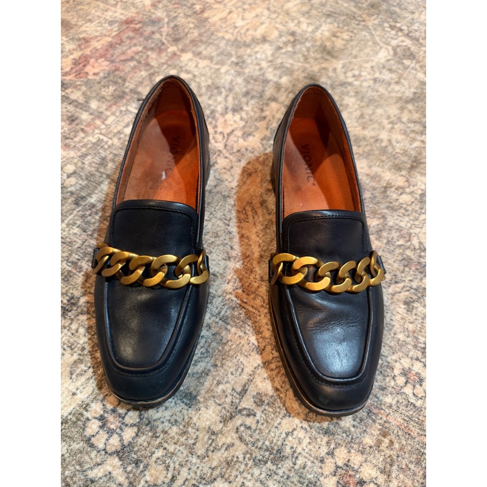 Vionic Mizelle Black Leather Gold Chain Link Loafers Size 8 Womens Orthotic